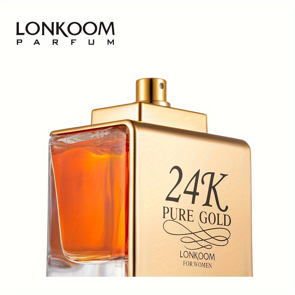 Eau de Parfum 100 ml pour femme, LONKOOM 24K Pure Gold, parfum rafraîchissant et longue tenue aux notes fruitées, idéal pour les rendez-vous et le quotidien, un cadeau parfait pour elle