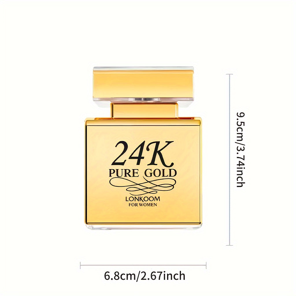 Eau de Parfum 100 ml pour femme, LONKOOM 24K Pure Gold, parfum rafraîchissant et longue tenue aux notes fruitées, idéal pour les rendez-vous et le quotidien, un cadeau parfait pour elle