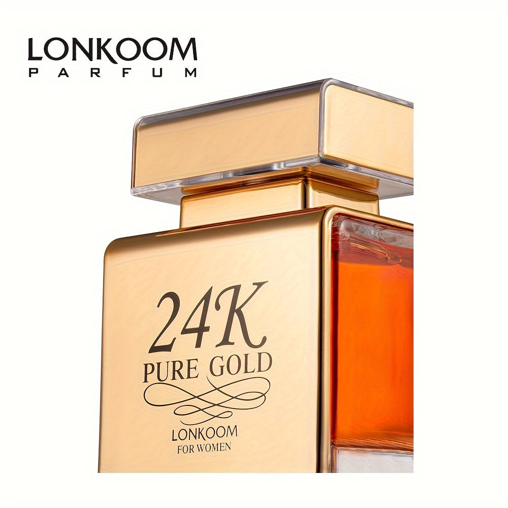 Eau de Parfum 100 ml pour femme, LONKOOM 24K Pure Gold, parfum rafraîchissant et longue tenue aux notes fruitées, idéal pour les rendez-vous et le quotidien, un cadeau parfait pour elle