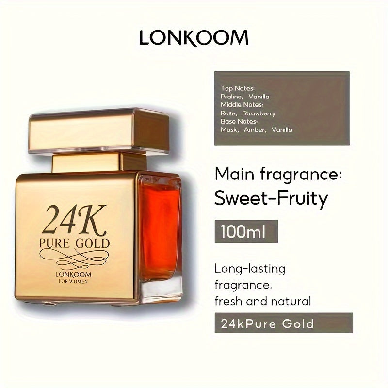 Eau de Parfum 100 ml pour femme, LONKOOM 24K Pure Gold, parfum rafraîchissant et longue tenue aux notes fruitées, idéal pour les rendez-vous et le quotidien, un cadeau parfait pour elle