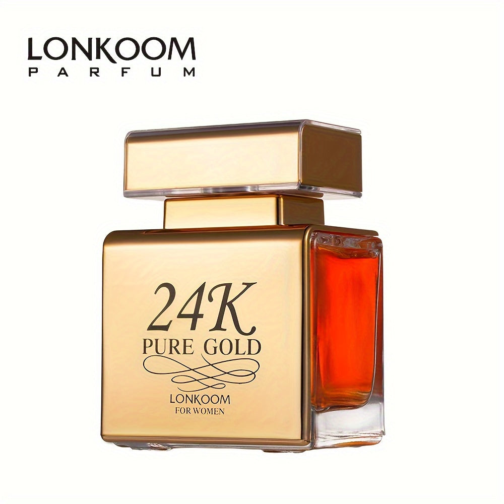 Eau de Parfum 100 ml pour femme, LONKOOM 24K Pure Gold, parfum rafraîchissant et longue tenue aux notes fruitées, idéal pour les rendez-vous et le quotidien, un cadeau parfait pour elle