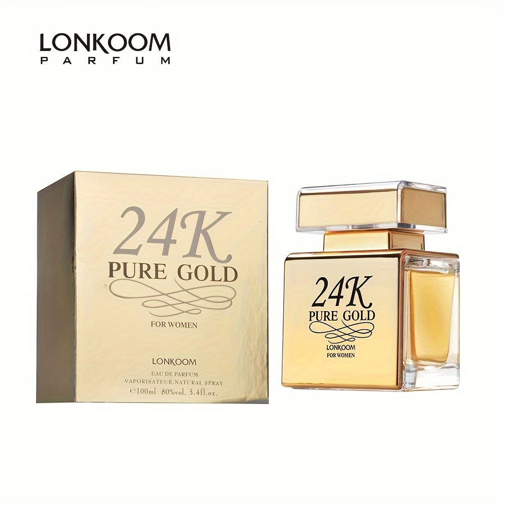 Eau de Parfum 100 ml pour femme, LONKOOM 24K Pure Gold, parfum rafraîchissant et longue tenue aux notes fruitées, idéal pour les rendez-vous et le quotidien, un cadeau parfait pour elle